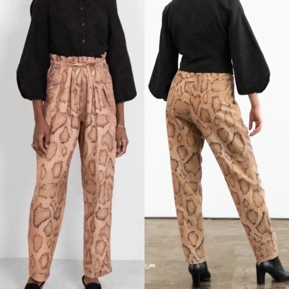 Mara Hoffman Valerie Snake Print Paperbag Waist Pants Size Small Neutral Linen - Picture 3 of 16